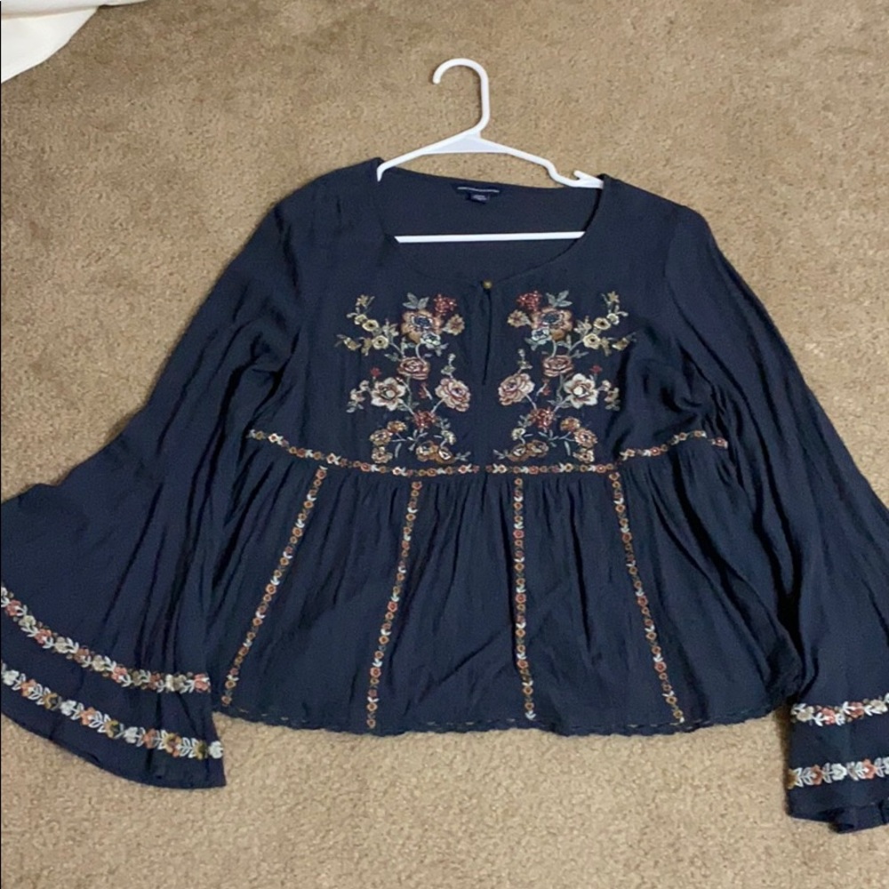 Navy embroidered fall top